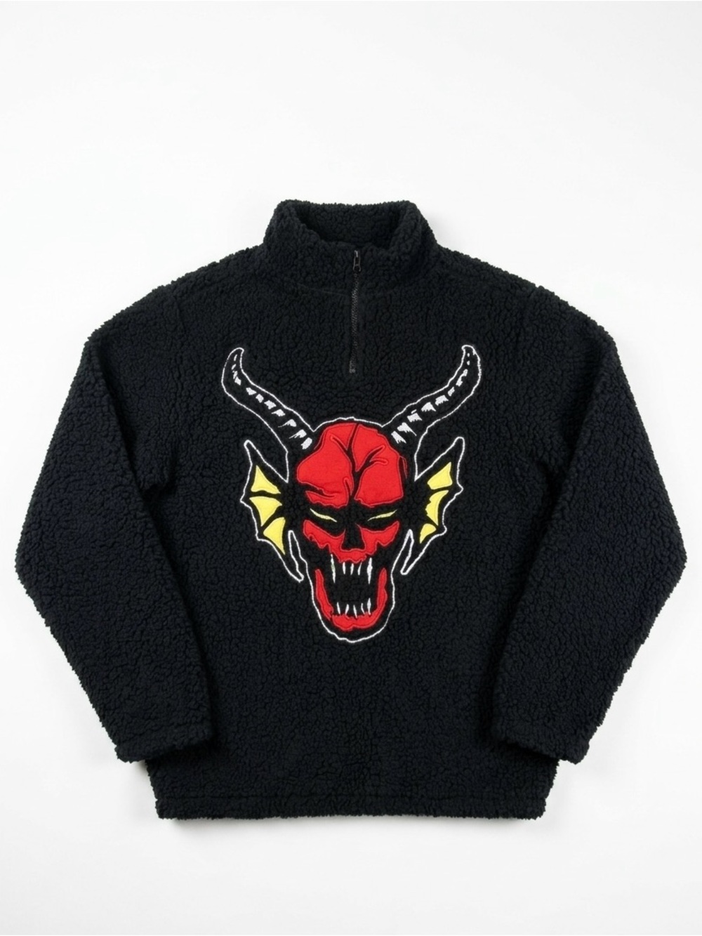 Netflix Black Sherpa Zip-Up Sweater with Red and Yellow Demon Graphic